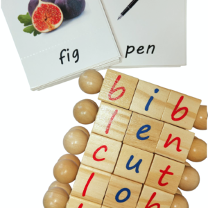 Set 5 cuburi rotative Alfabet din Lemn cu Ilustrații în Limba Englezǎ
