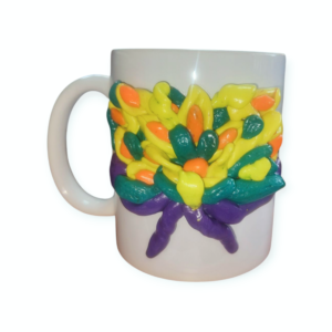 Cană decorată manual cu Lut Polimeric, Fimo, model Buchet cu flori