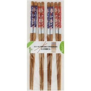 Set 4 perechi bețișoare chinezești premium, din bambus, nature cu model, 23cm