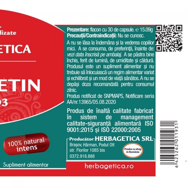 Quercetin + Vitamina D3 Herbagetica 30 Capsule - imagine 3