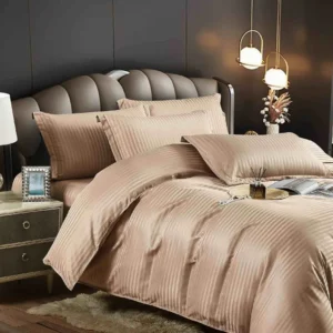 Lenjerie de pat Damasc, Pat 2 Persoane, 6 Piese, bej cu dungi fine- JOJO HOME