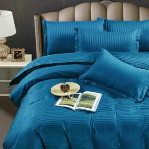 Lenjerie de pat Damasc cu Elastic, Pat 2 Persoane, 6 Piese,Albastru-JOJO HOME