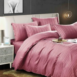 Lenjerie de pat Damasc, Pat 2 Persoane, 6 Piese, roz cu dungi subtile- JOJO HOME