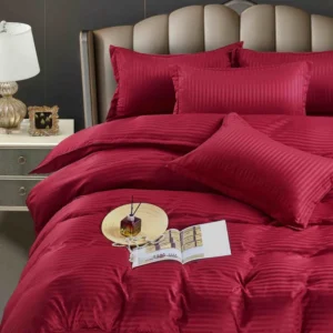 Lenjerie de pat Damasc cu Elastic, Pat 2 Persoane, Grena-JOJO HOME