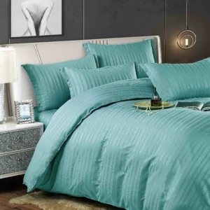 Lenjerie de pat Damasc, Pat 2 Persoane, 6 Piese, turcoaz cu dungi discrete-JOJO HOME