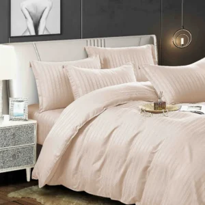 Lenjerie de pat Damasc, Pat 2 Persoane, 6 Piese, bej cu model subtil-JOJO HOME