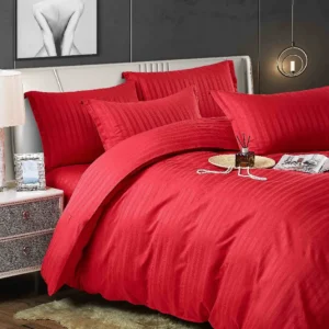 Lenjerie de pat Damasc, Pat 2 Persoane, 6 Piese, roșu cu dungi fine-JOJO HOME