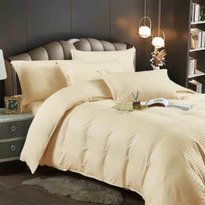 Lenjerie de pat Damasc, Pat 2 Persoane, 6 Piese, crem cu dungi fine-JOJO HOME