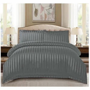 Lenjerie de pat Damasc,4 Piese,Cearceaf cu Elastic,Gri inchis- Primăvara