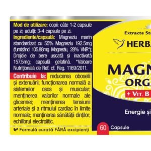 MAGNEZIU ORGANIC 60 capsule Crește capacitatea de adaptare a organismului la stres, efect adaptogen.