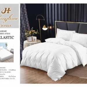 Lenjerie de pat Damasc,Alb,4 Piese,pentru 1 Persoana- JOJO HOME