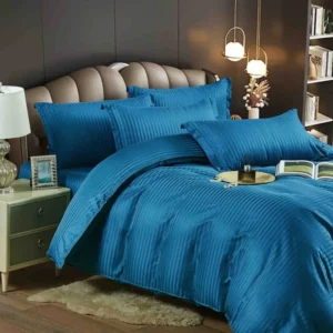 Lenjerie de pat Damasc, Pat 2 Persoane, 6 Piese,Albastru- JOJO HOME