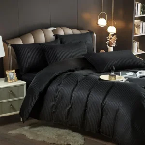 Lenjerie de pat Damasc, Pat 2 Persoane, 6 Piese,Negru- JOJO HOME