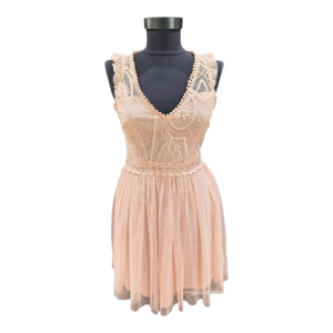 Rochie roz pudră cu dantelă și voal, elegantă– mărimea S