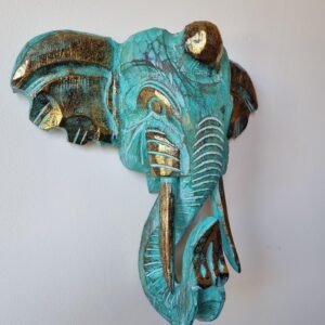 Cap Elefant – Auriu & Turcoaz, sculptură murală din lemn de Albasia