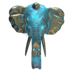 Cap Elefant – Auriu & Turcoaz, sculptură murală din lemn de Albasia