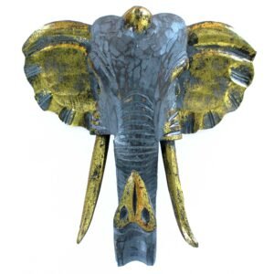 Cap Elefant – Gri patinat, sculptură murală din lemn de Albasia