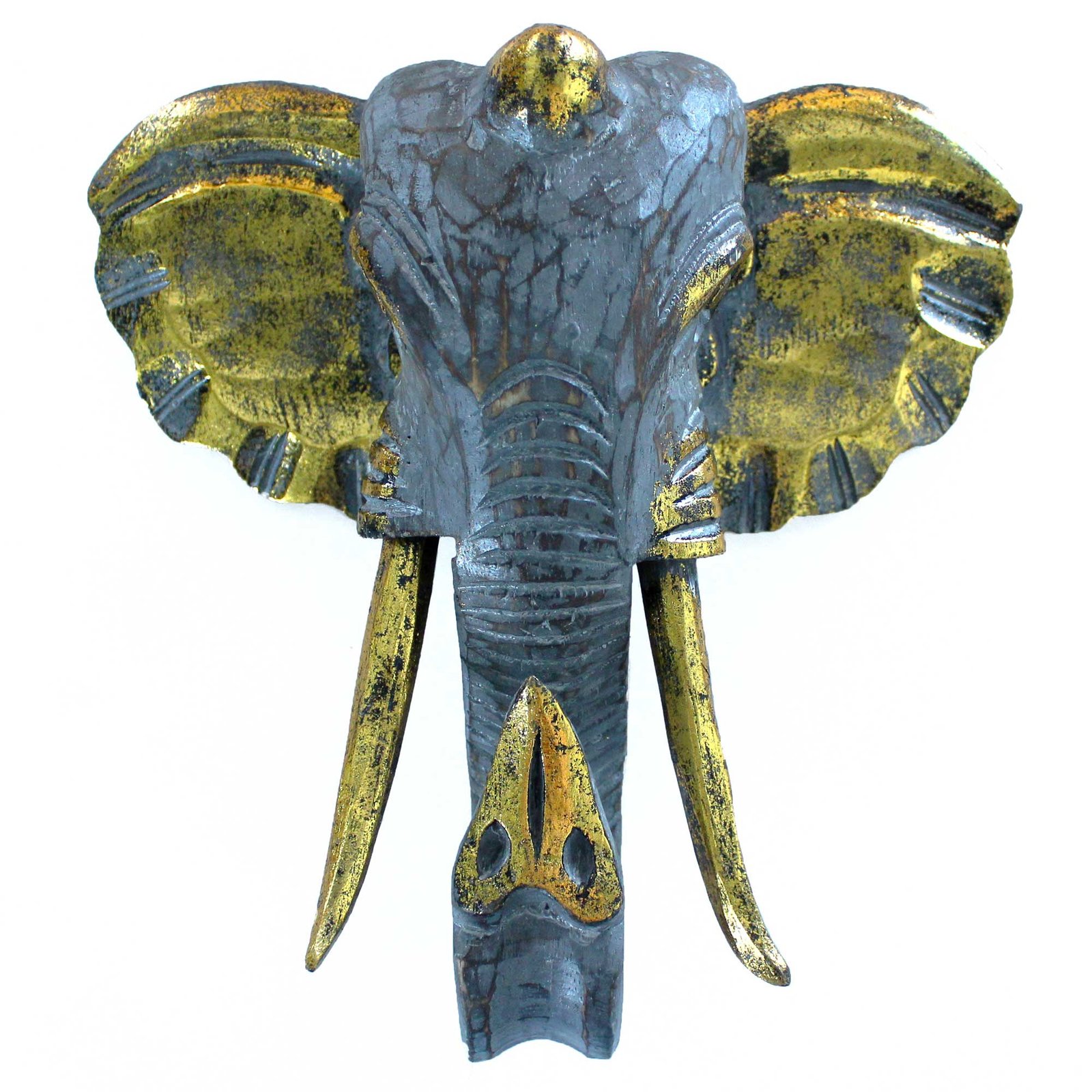 Cap Elefant – Gri patinat, sculptură murală din lemn de Albasia