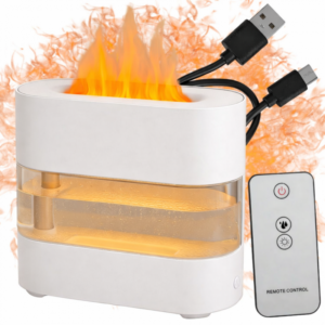 Difuzor Aromaterapie – Aer LED tip Semineu cu Efect Flacara – 300 ml, USB-C, Telecomanda, Alb