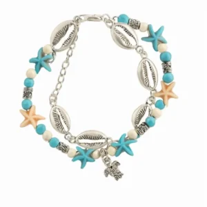Bratara de Picior Dubla, Stil Boho Marin, Cu Scoici, Stele si Testoasa, Reglabila, Argintiu
