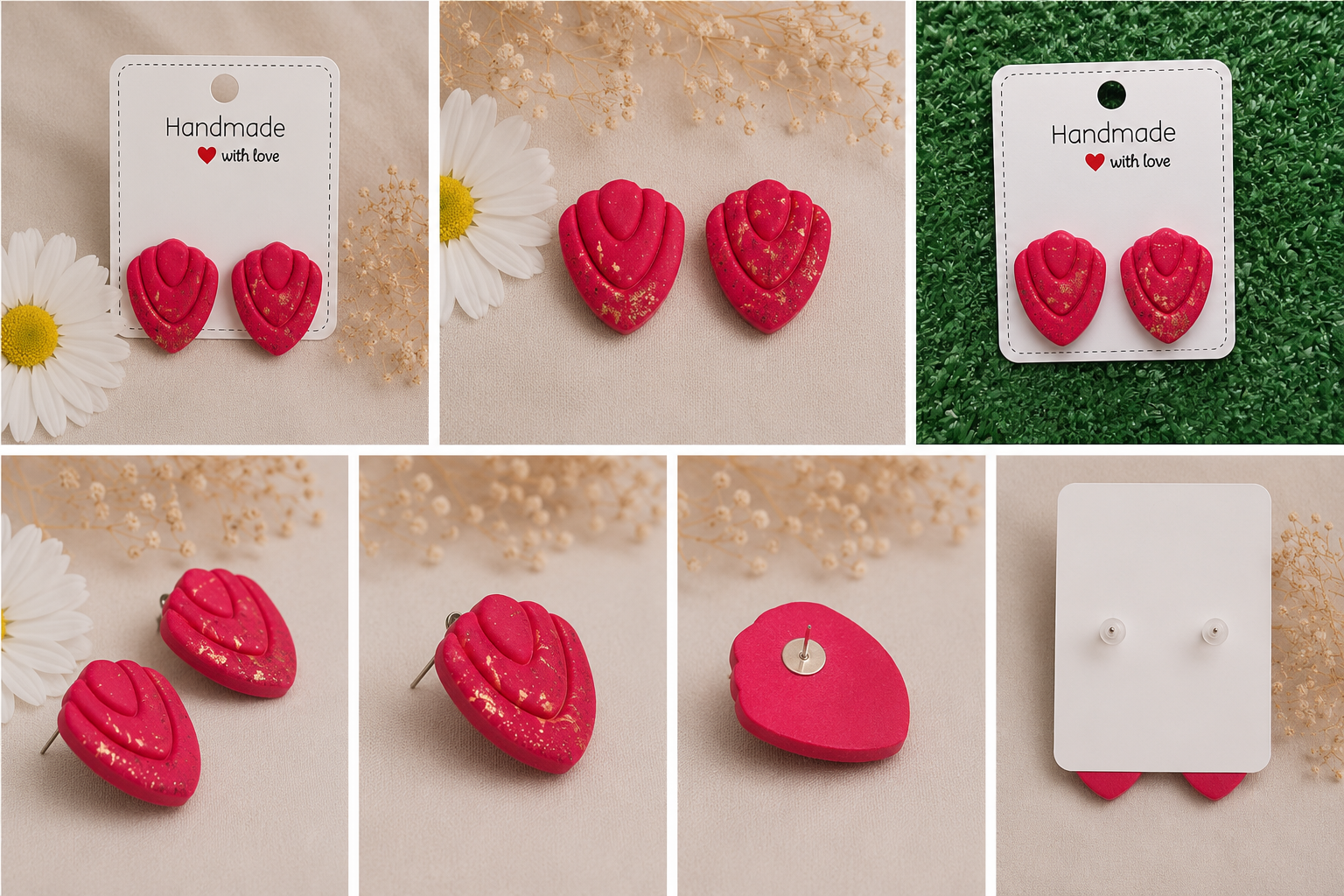 Cercei handmade din Fimo – Roșu cu foiță aurie - imagine 3