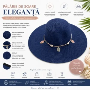 Pălărie de Soare Damă Albastru Bleumarin cu Bor Lat și Șnur Decorativ cu Scoici și Frunze