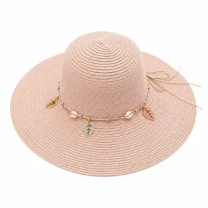 Pălărie de Soare Damă Roz Pudrat cu Bor Lat și Accesorii Boho