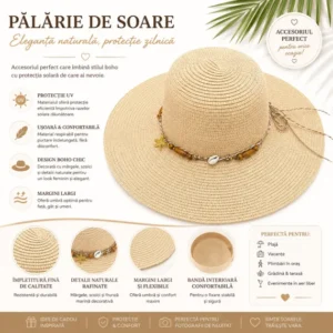 Pălărie de Soare Damă Bej cu Bor Lat și Accesorii Boho