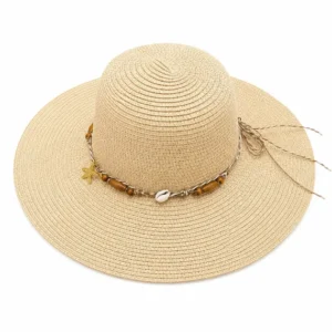 Pălărie de Soare Damă Bej cu Bor Lat și Accesorii Boho