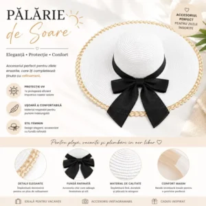 Palarie de Soare pentru Dama Alba cu Boruri Largi si Funda Neagra