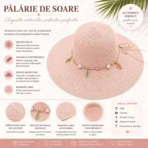 Pălărie de Soare Damă Roz Pudrat cu Bor Lat și Accesorii Boho