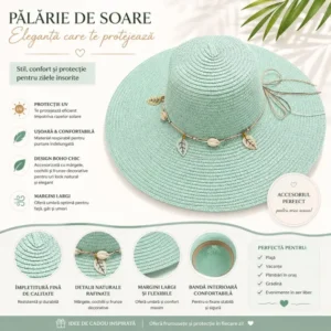 Pălărie de Soare Damă Verde Mentă cu Bor Lat și Accesorii Boho