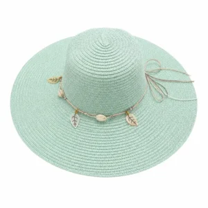 Pălărie de Soare Damă Verde Mentă cu Bor Lat și Accesorii Boho