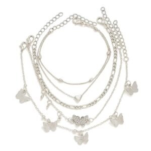 Set Bratari de Picior Argintii, Inima si Fluturi, 4 Piese, Stil Glam Elegant, Argintiu