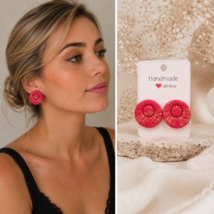 Cercei handmade din Fimo, Roșu cu foiță aurie, Ruby Bloom