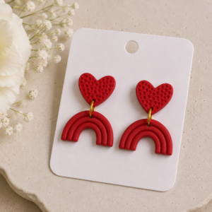 Cercei handmade din Fimo „Rainbow Heart” -Roșu intens
