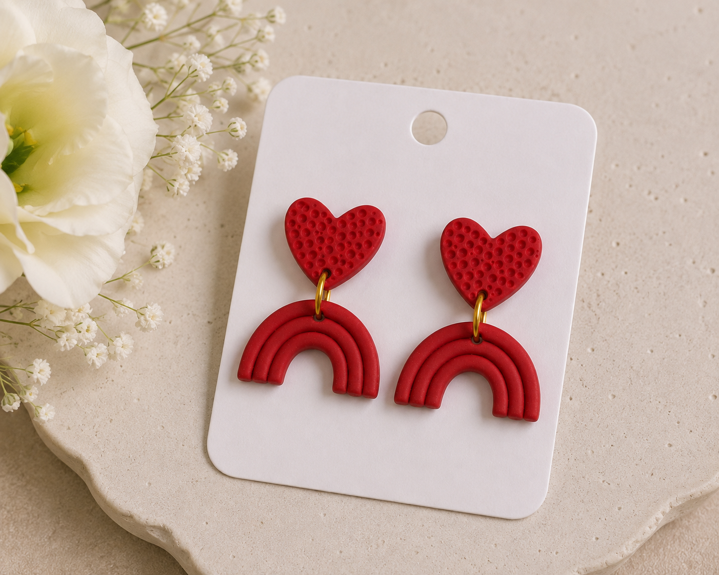 Cercei handmade din Fimo „Rainbow Heart” -Roșu intens - imagine 2