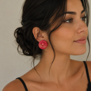 Cercei handmade din Fimo, Roșu cu foiță aurie, Ruby Bloom