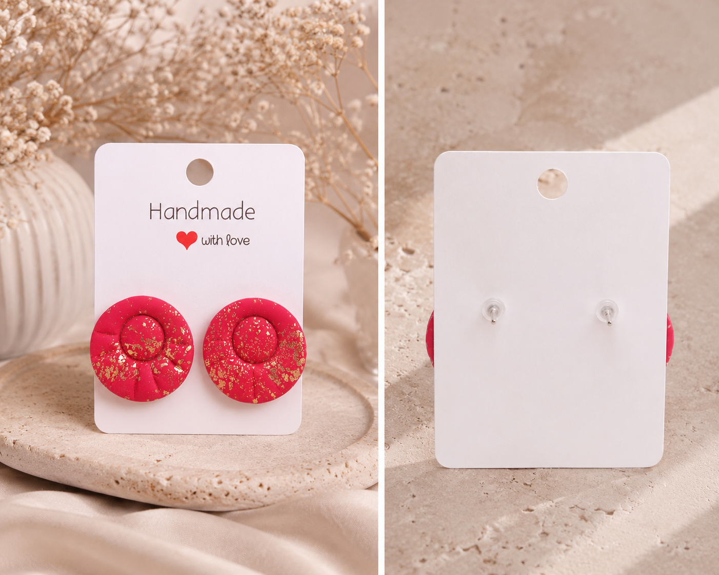 Cercei handmade din Fimo, Roșu cu foiță aurie, Ruby Bloom - imagine 3
