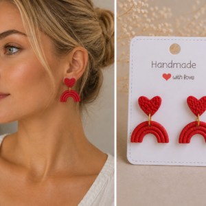 Cercei handmade din Fimo „Rainbow Heart” -Roșu intens