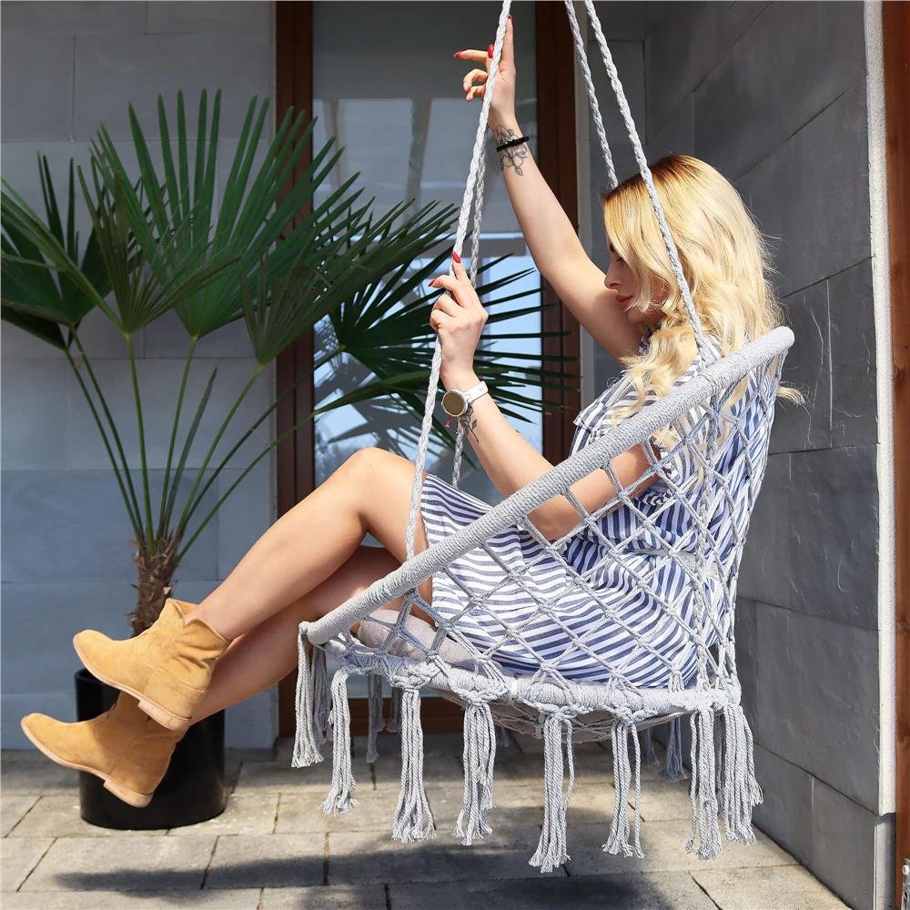 Scaun rotund tip leagan suspendat pentru casa sau gradina, cu franjuri, 150kg, gri - imagine 4