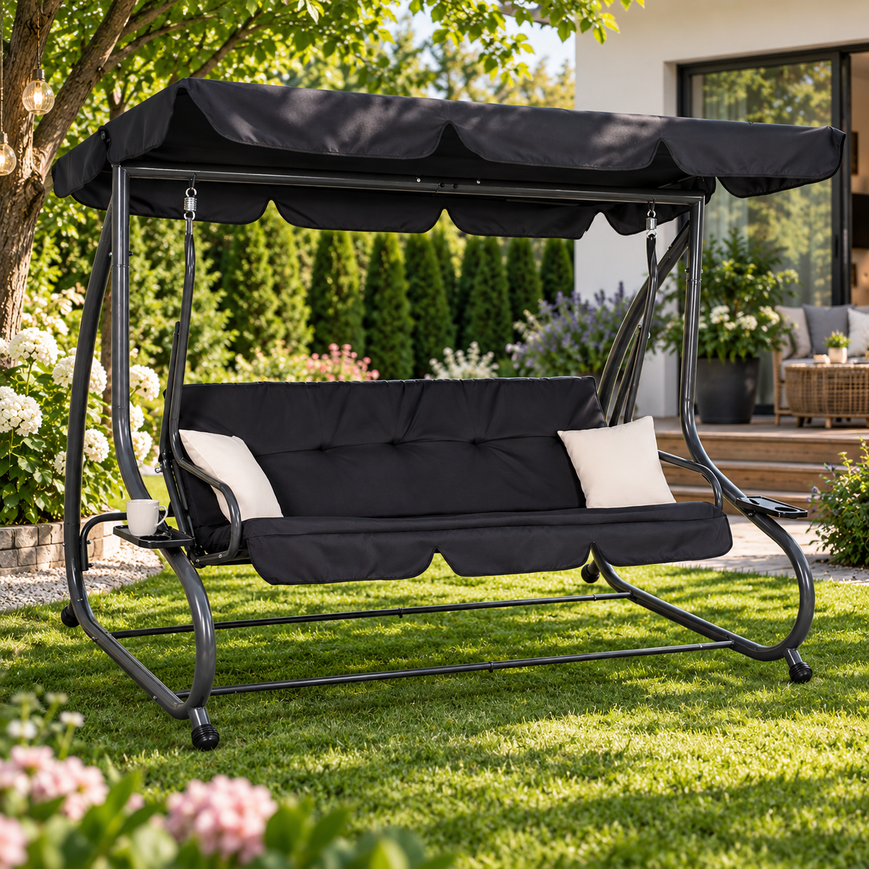 Balansoar gradina cu 4 locuri, functie pat, acoperis reglabil si impermeabil, structura otel, 220x120x162 cm, gri - imagine 14