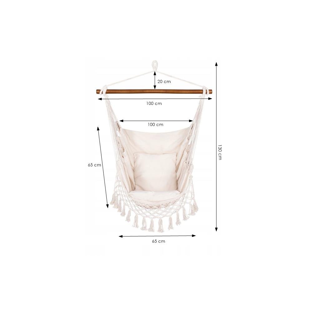 Hamac tip scaun suspendat cu bara si 2 perne, 130x100 cm, capacitate 150 kg, cu franjuri - imagine 13