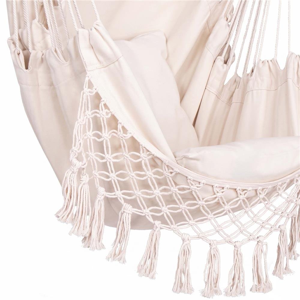 Hamac tip scaun suspendat cu bara si 2 perne, 130x100 cm, capacitate 150 kg, cu franjuri - imagine 18