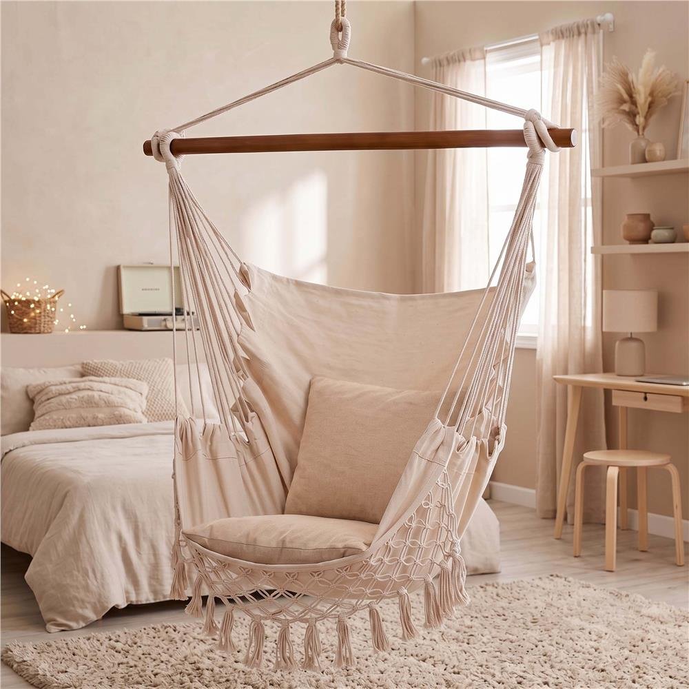 Hamac tip scaun suspendat cu bara si 2 perne, 130x100 cm, capacitate 150 kg, cu franjuri - imagine 19