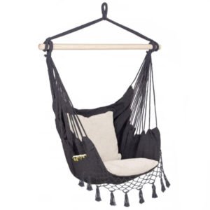 Hamac tip leagan suspendat pentru casa sau gradina HM44, gri inchis cu perne, 130x100cm, 150kg
