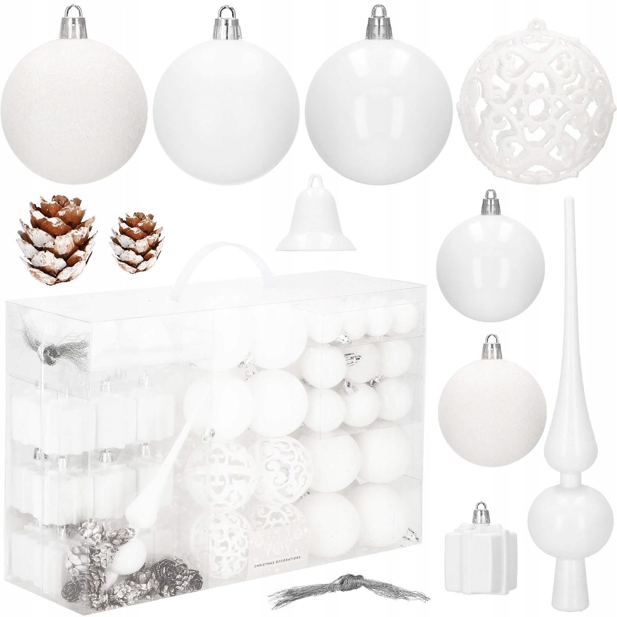 Set globuri si decoratiuni de Craciun, 101 piese, diverse dimensiuni, alb - imagine 10