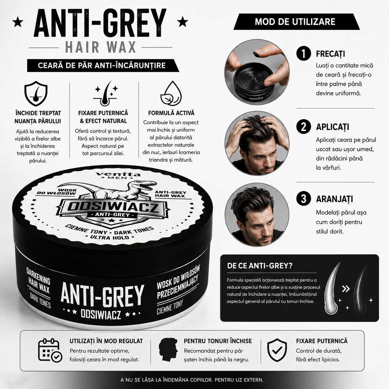 Ceara pentru stilizarea parului Venita Men AntiGrey, tonuri inchise 75g - imagine 3