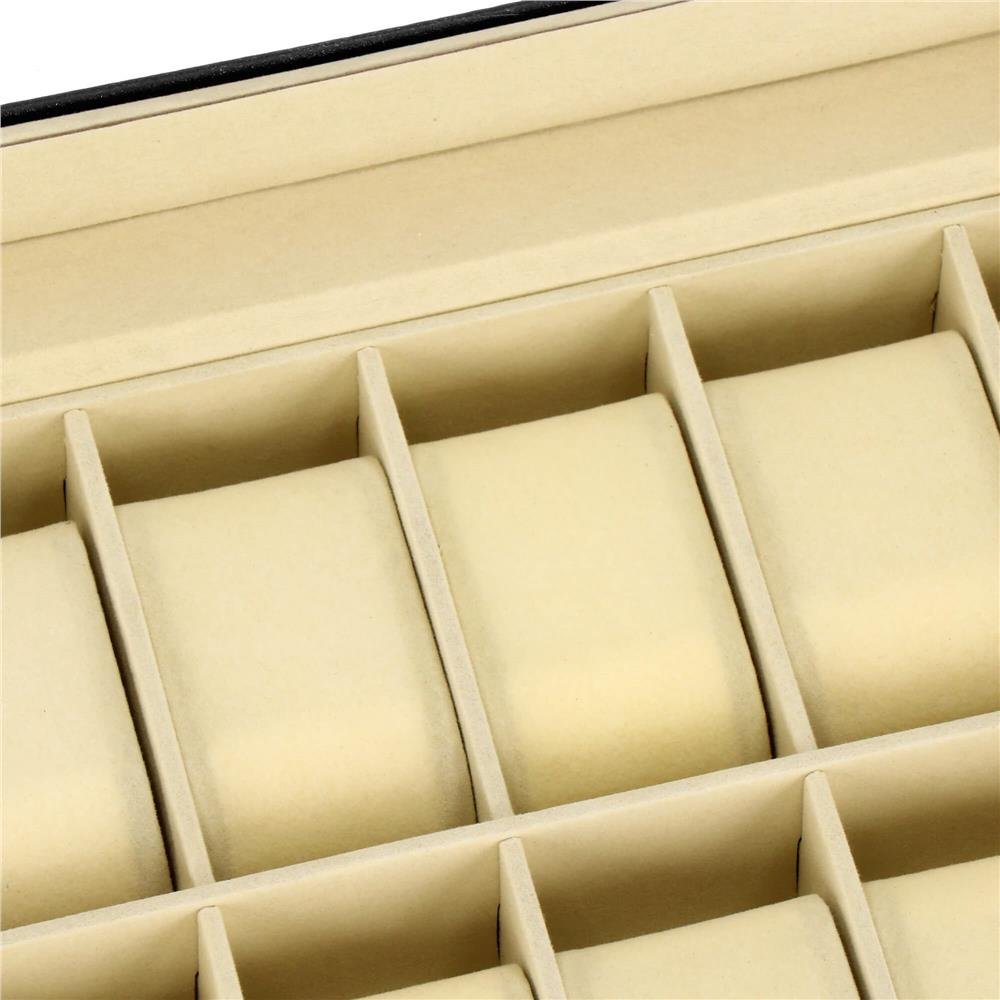 Cutie depozitare si organizare ceasuri, MDF, piele ecologica, 30x20x8cm, negru interior crem - imagine 15