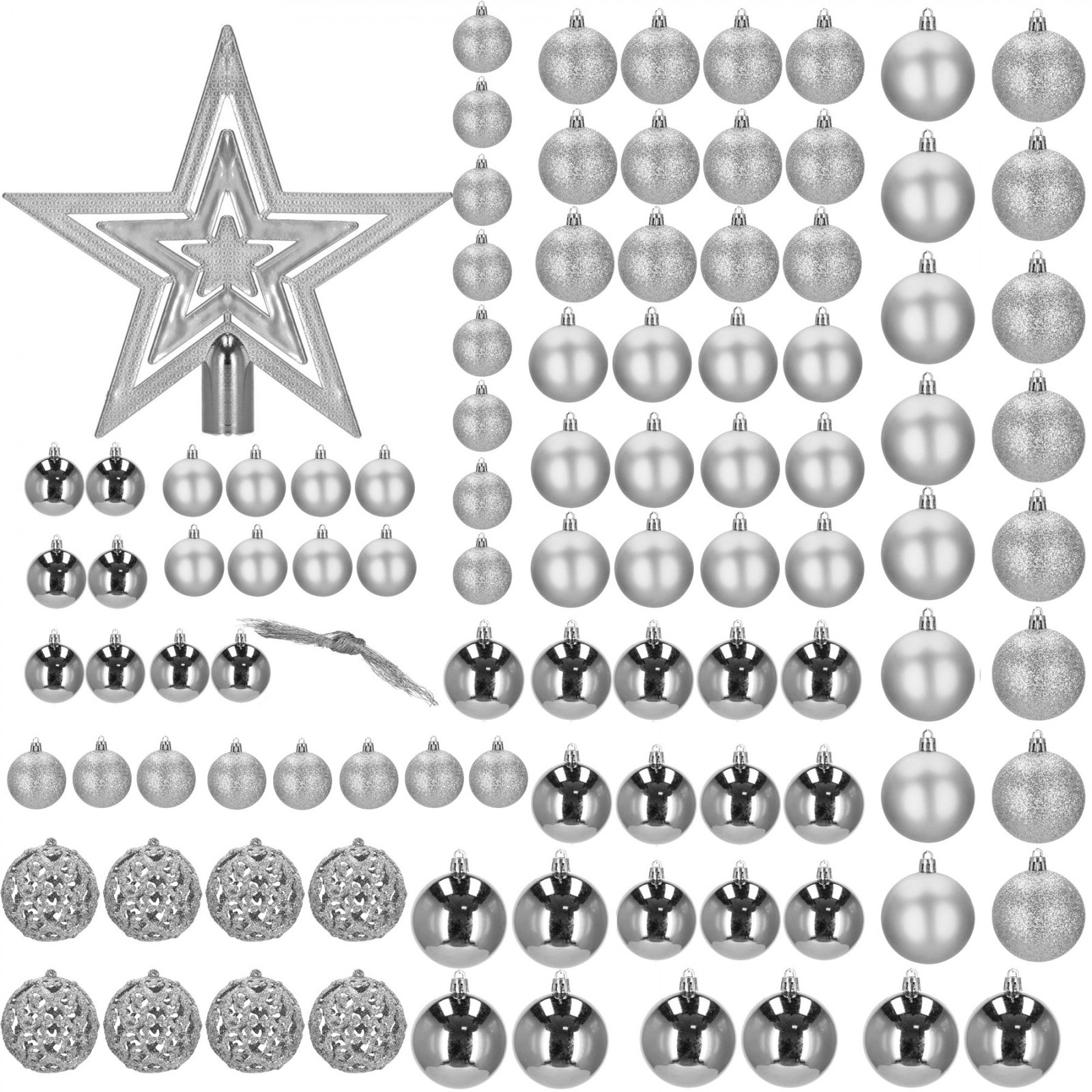 Set globuri si decoratiuni de Craciun, 100 piese, diverse dimensiuni cu stea, argintiu - imagine 10